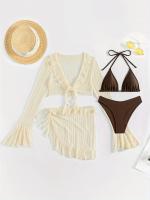 Conjunto de Bikini de 4 Piezas con Cuello Halter en Forma de V: Traje de Baño Elegante para Mujer con Triángulo de Corte Alto y Camisa de Manga Larga Accesorio de Moda - details 0