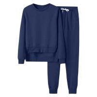 2025 Conjunto deportivo informal de dos piezas para mujer, sudadera con cuello redondo, pantalones largos con sandalias, color sólido - details 7