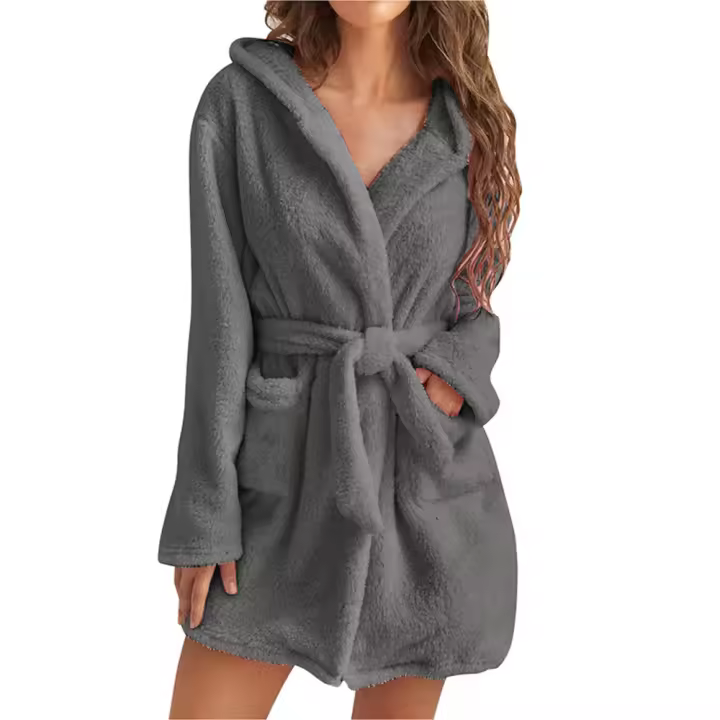 Albornoz de felpa para mujer, pijama cálido para casa con capucha de color sólido. - 1
