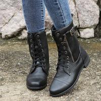 Botines de punta redonda con cordones para mujer, botas militares de combate de tacón bajo de media pantorrilla, botines de equitación - details 10