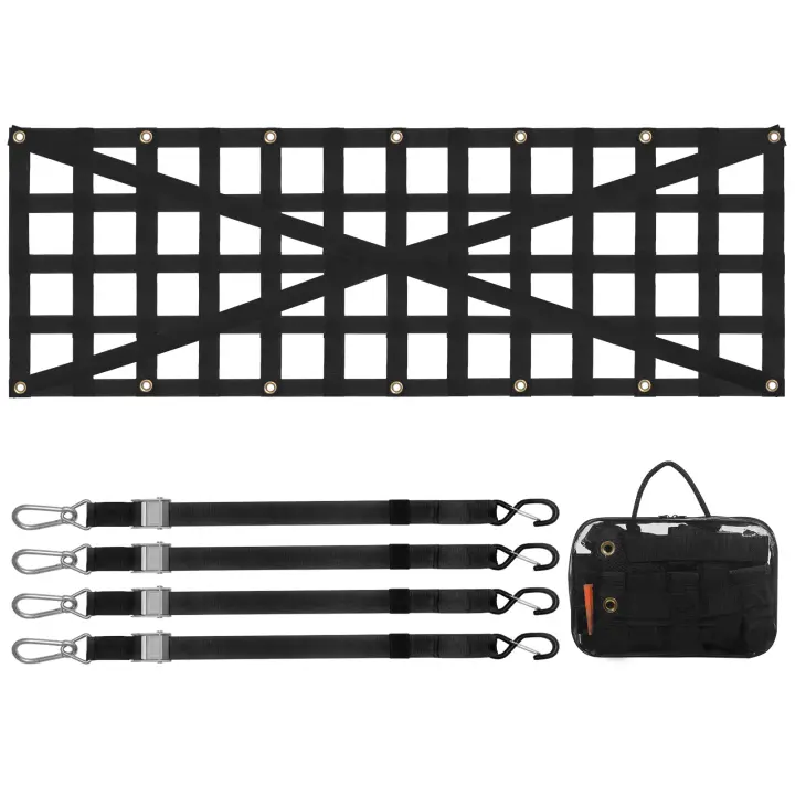 SucceBuy Red para portón trasero, 54" x 18", red de carga resistente para cama de camión, correas telescópicas ajustables, diseño reforzado cruzado, extensible y duradero, ideal para camionetas, remolques, Jeep, SUV - 1