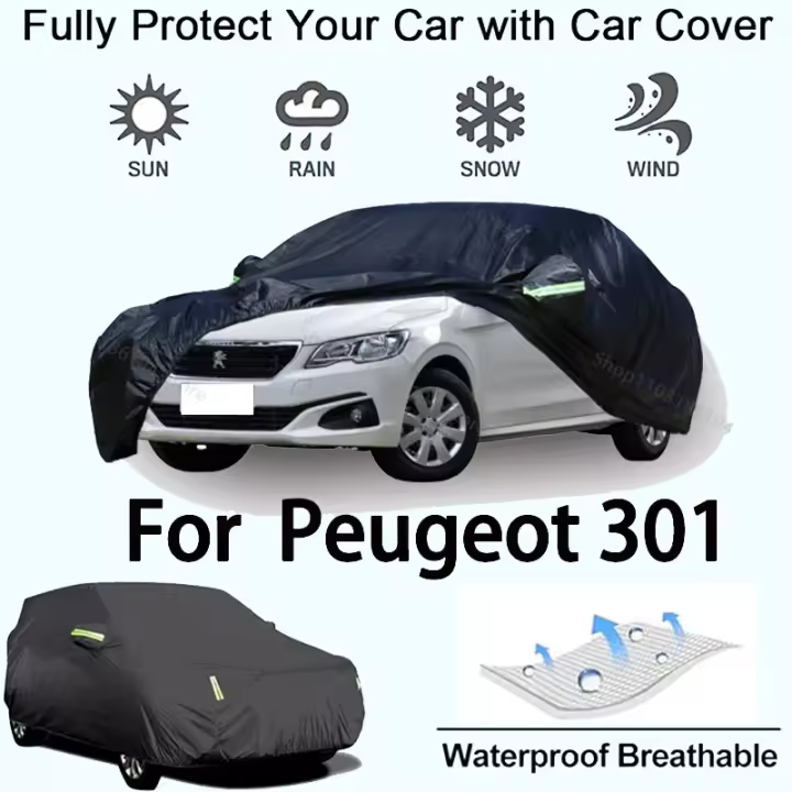 Cubierta completa para coche para Peugeot 301, equipo protector para exteriores, resistente a la nieve, protector solar, accesorios para automóviles impermeables y a prueba de polvo, negro - 1