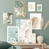 Pintura en Lienzo de Ondas de Arena y Palmas Doradas Abstractas con Línea de Mármol Verde y Arte de Pared de Coral para Decoración de Sala de Estar - details 0