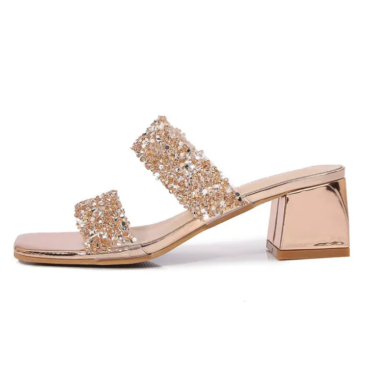 Sandalia 2025 nuevas zapatillas de moda con diamantes de imitación, zapatos de mujer de tacón alto con suela gruesa - 1