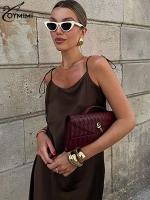 Oymimi elegante marrón delgado para mujer moda Spaghetti Strap espalda abierta vestidos Casual recto o largo vestido Streetwear - details 12