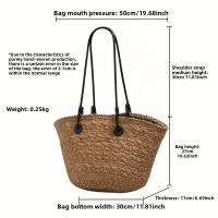 Bolso de mano de paja de papel tejido a mano - Bolso de hombro abierto beige natural de gran capacidad para mujeres y hombres, bolso de playa espacioso, compras, trabajo, viajes - details 1