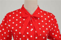 Polka dot print women summer short sleeve striped bow elegant vintage 50s party dress - details 32
