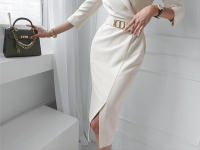 BGTEEVER-vestido ajustado elegante con cuello en V para mujer, vestido de tubo con cinturón de cintura delgada, moda de otoño - details 6