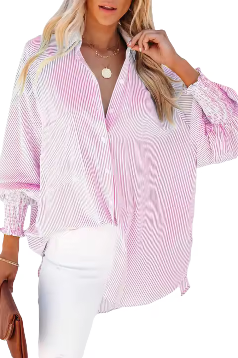Elrachen Camisa tipo novio a rayas con puños y bolsillo para mujer, color rosa, tallas XS-2XL - 1