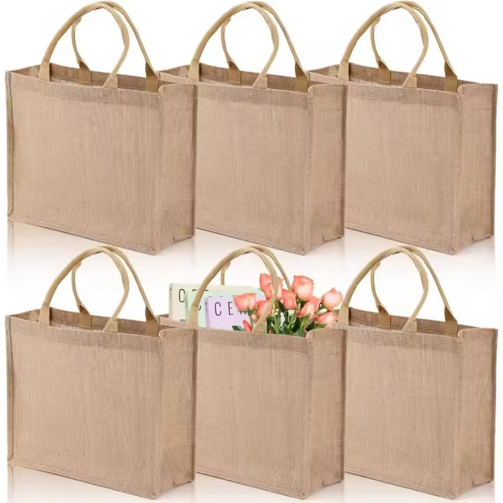 Paquete de 6 bolsas de yute, bolsa de regalo de arpillera con asa, bolsa de compras para bricolaje, boda, 15.4 x 12.2 x 5.9 pulgadas - 1