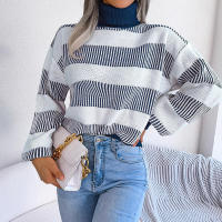 Suéter a rayas de manga farol para mujer, Jersey informal de punto con cuello alto, novedad de otoño e invierno, 2023 - details 3