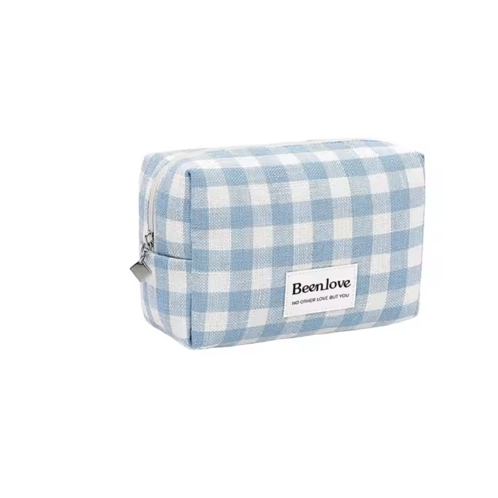 Bolsa de cosméticos portátil a cuadros de celosía, bolsa de maquillaje impermeable de gran capacidad, bolsa de artículos de tocador de poliéster con cremallera para Baño - 1