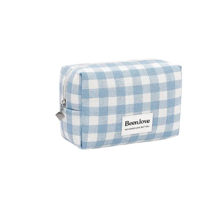 Bolsa de cosméticos portátil a cuadros de celosía, bolsa de maquillaje impermeable de gran capacidad, bolsa de artículos de tocador de poliéster con cremallera para Baño - 1