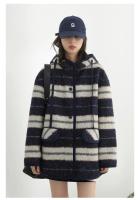 Abrigos de plumas para mujer, chaqueta holgada de un solo pecho con capucha y rayas contrastantes, chaqueta femenina para Otoño e Invierno 2024 - details 14