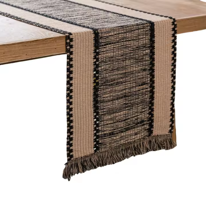 Camino de Mesa Boho con Borlas a Raya Negro Beige Decorativo Rectangulares Estilo Bohemio Comedor Hogar Boda Cocina - 1