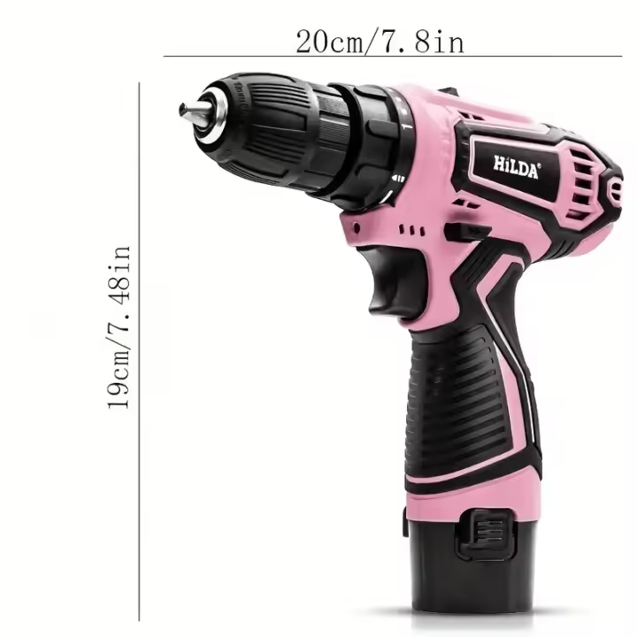 HILDA-destornillador eléctrico inalámbrico de litio, taladro de mano perforado, 12V, color rosa - 1
