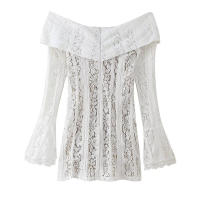OUWU- Nuevo vestido corto de encaje con manga acampanada para mujer, minivestido de un hombro, fibra de poliéster, manga larga, línea de cintura imperio, estilo hecho a sí mismo - details 1