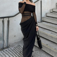 BUNO-vestidos largos con hombros descubiertos, vestido de cena negro con malla transparente, trajes de cumpleaños elegantes y sexys - details 2