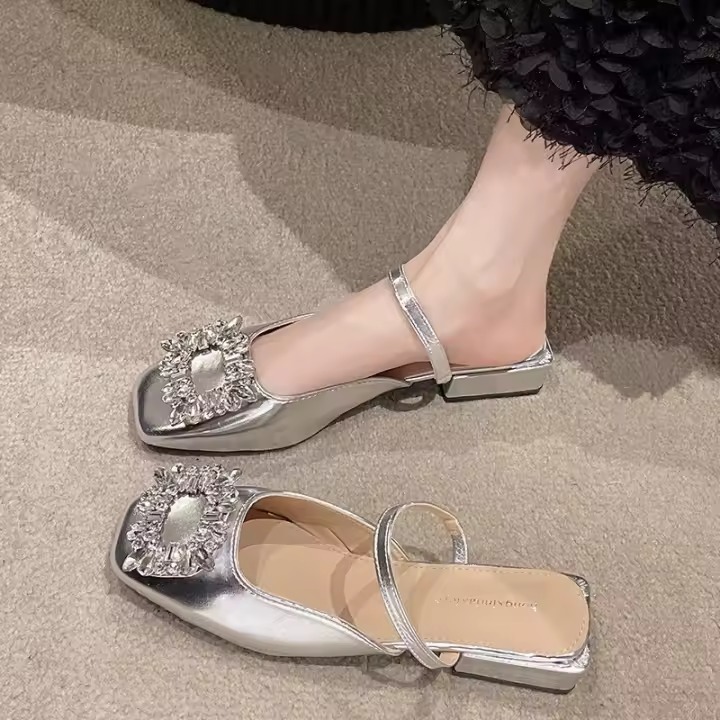 Nuevas Sandalias Platas para Mujer 2025 Punta Cuadrada de Diamantes de Imitación - 1