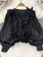 Camisas Vintage para mujer, Tops de moda americana, blusa informal holgada lisa con cuello en V, Túnica elegante de manga larga con volantes - details 0