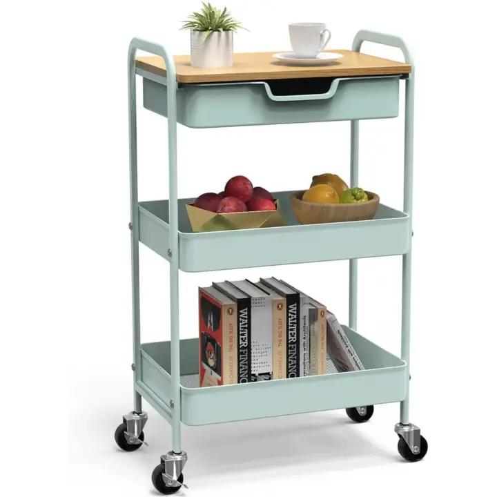 Carrito de Cocina de 3 Niveles Multiuso de Metal con Mesa y Cajón Ideal para Oficina, Baño, Sala - 1