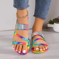 Sandalias con cristales de arcoíris para mujer, zapatillas femeninas bonitas, zapatos planos a la moda para playa y exteriores, verano, 2024 - details 1