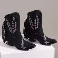 Fabricante de botas de vaquero con tacón de 6cm de cuero PU con cabeza cuadrada y tobillo occidental grande con borla y correa - details 0