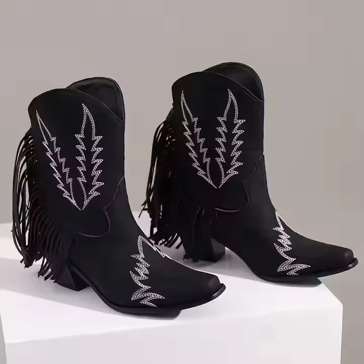 Fabricante de botas de vaquero con tacón de 6cm de cuero PU con cabeza cuadrada y tobillo occidental grande con borla y correa - 1
