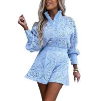Conjunto de 2 unidades de blusa de manga larga para mujer, camisa de encaje hueco bordado de cintura alta con una hilera de botones, conjunto de pantalones cortos de pierna ancha para mujer - details 13