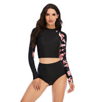Conjunto de tankini corto de manga larga con estampado floral, cintura alta, corte alto y cuello alto, traje de surf y buceo con - details 3