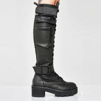 Botas de cuero con cremallera lateral para mujer, botines de tacón bajo a la moda, parte inferior gruesa con cordones, novedad de invierno de 2025 - details 1