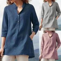 Elegante lino de algodón para mujer, informal con solapas, botones lisos, camisas holgadas de manga 3/4 para otoño e invierno, blusas tipo túnica - details 1