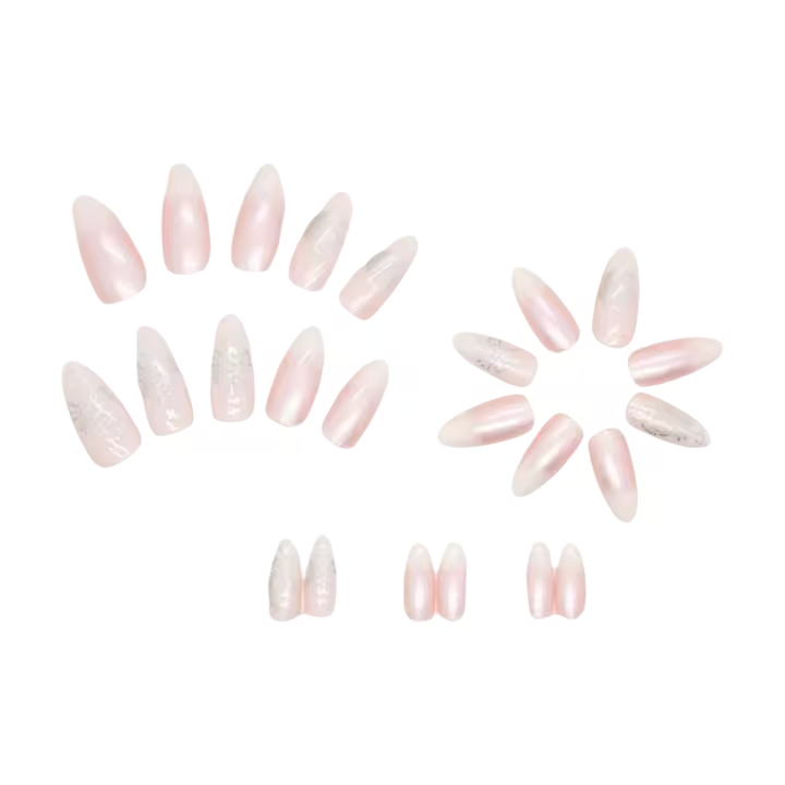 Set de 24 Uñas Postizas Cortas Aurora Almendra Diseño de Luna Francesa y Estrellas - 1