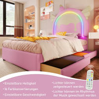 Cama tapizada, 90 x 200 cm, sin colchón, con tira de luz, cama con 2 cajones, forma unicornio, PU, rosa - details 6