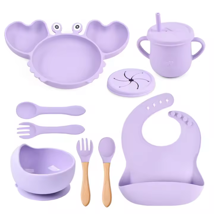Juego de vainilla antideslizante para Bebé, Cuenco de silicona, Plato, Tuchara, TENEDOR, babero, juego de Tazas, Platos de Alimentación para niños Pequeños, 8 Unidades/Set - 1