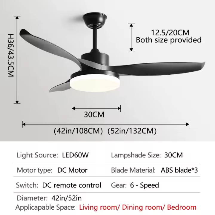 Ventilador de techo de 52 pulgadas con 3 aspas de ABS, motor de cobre puro de 35W CC, luz LED de 60W, compatible con control remoto y vientos fuertes. - 1