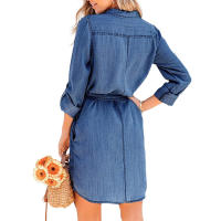 Vestido de mezclilla informal para mujer, Vestido corto de manga larga de Color sólido con solapa abotonada y cinturón - details 1