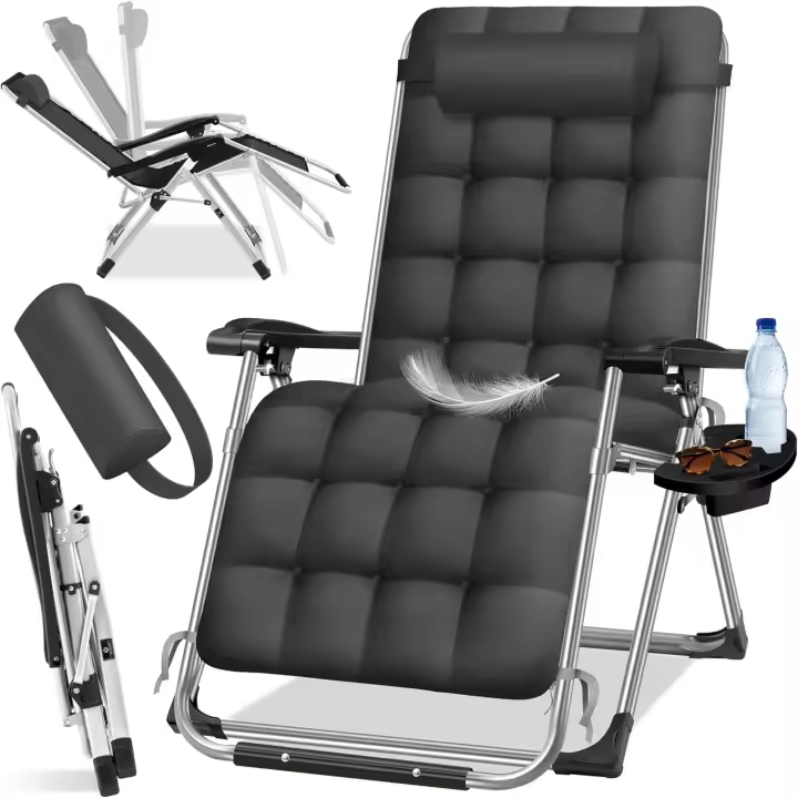 Tumbona Plegable y Resistente |   Silla de Jardín, Capacidad de 200 kg, Acolchado Ergonómico Extra Ancho, Respaldo Ajustable, Almohada para el Cuello y Portavasos - 1