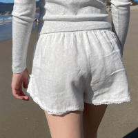 Pantalones cortos básicos cómodos e informales sueltos con botones de cintura elástica tejidos a rayas de verano para mujer - details 27