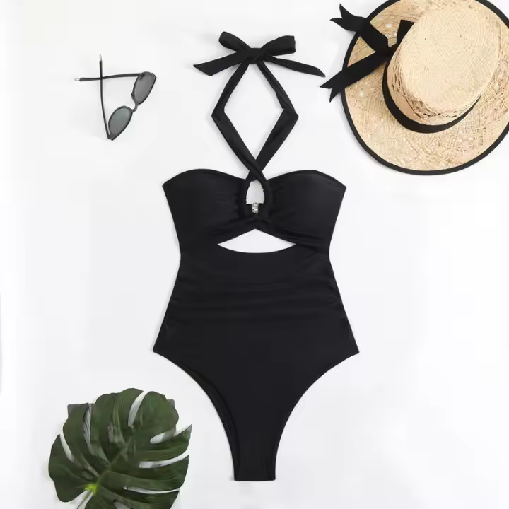 Nuevo traje de baño para mujer, traje de baño de una pieza de cintura alta de Color sólido, Bikini - 1