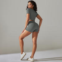 Hamidou-Conjunto de ropa deportiva sin costuras para mujer, Leggings de cintura alta, camisetas de manga corta, pantalones cortos, conjunto de 2 piezas, ropa de gimnasio - details 14