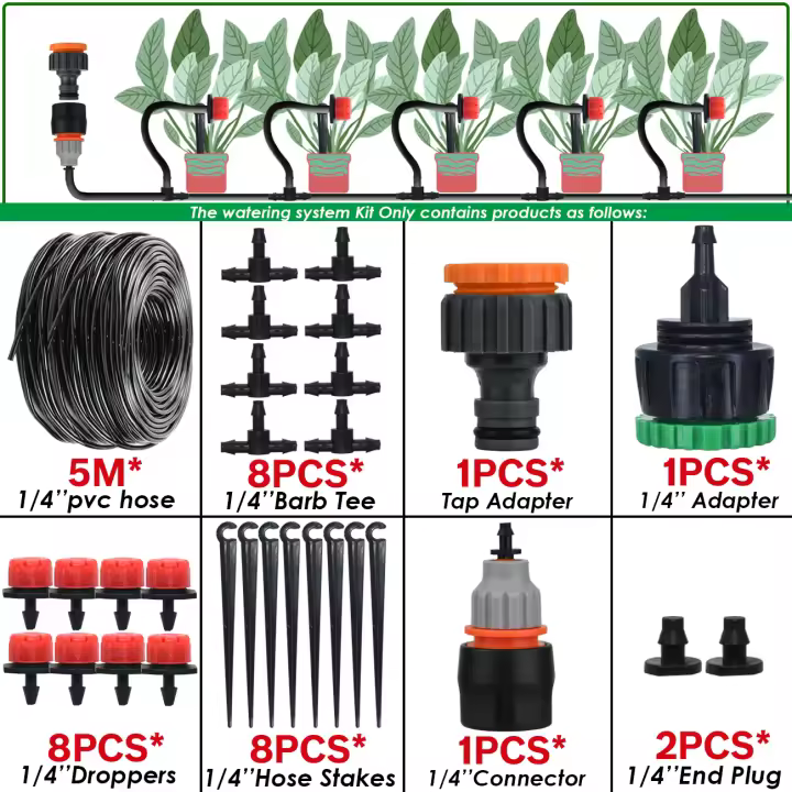 Sprycle 5-50M Greenhouse Drip Irrigation Automatic Watering System Kit Nozzle 1/4'' pvc Hose for Potted Plant Garden Supply Tool - 1
