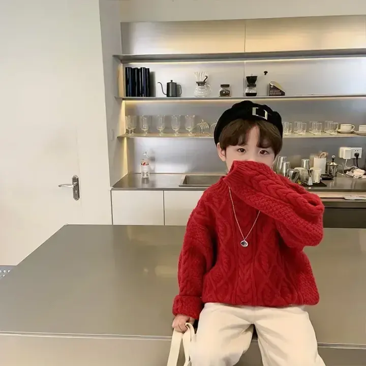 Suéter de invierno para niños de estilo coreano, top redondo de jacquard de color sólido moderno y cálido - 1