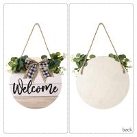 Letrero de bienvenida para puerta delantera, guirnalda de arco de hoja verde brillante, decoración de pared de madera redonda rústica para granja, porche, puerta - details 5