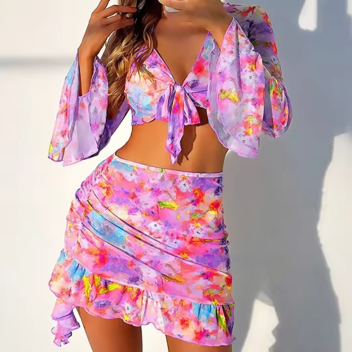 Nuevos estampados tendencias playa faldas bikinis 4 piezas trajes de baño - 1
