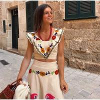 OUWU Conjunto de Top corto estampado para mujer, manga elegante con volantes, cuello cuadrado, sin mangas, Falda plisada de cintura alta, nuevo para 2024 - details 12