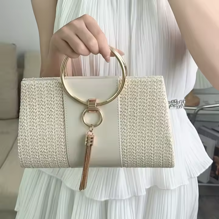 Elegante Bolso de Noche de Paja con Flecos Bolso de Mano de Verano de Playa Tejido con Anillo de Metal Desmontable - 1