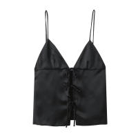 TRAFZA-Top corto de satén de seda con cuello en V para mujer, Top Sexy con textura, Color sólido, chaleco con lazo, Top corto sin mangas, 2024 - details 4