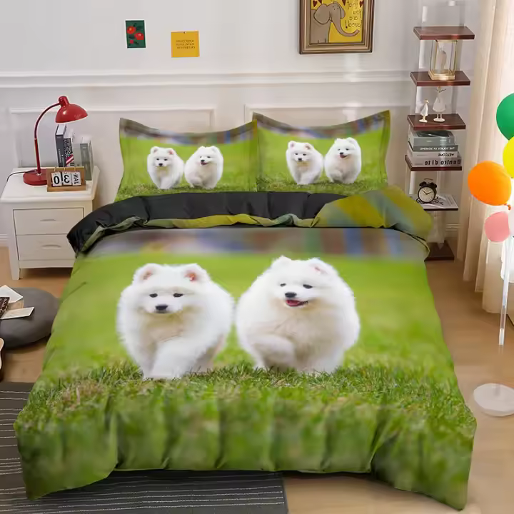 Elegante Funda de Edredón de Samoyed Rey y Reina Tamaño de Cama Grande Diseño de Sonrisa Lindo - 1