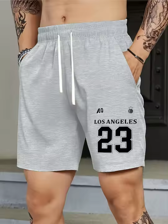 Los pantalones cortos deportivos informales con estampado de Los Ángeles 23 para hombre con cinturón elástico con cordón son perfectos para viajes y relajación en verano - 1